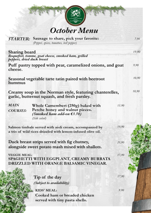 La Maison d'Horbé October menu featuring French starters, main courses, and seasonal dishes with prices.