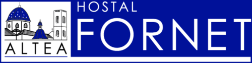 Logo del Hostal Fornet Altea con iglesia de cúpula azul y arquitectura de torre en Altea, España