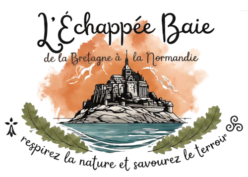 Logo L'Échappée Baie : illustration du Mont-Saint-Michel avec ciel aquarellé, tagline Bretagne-Normandie