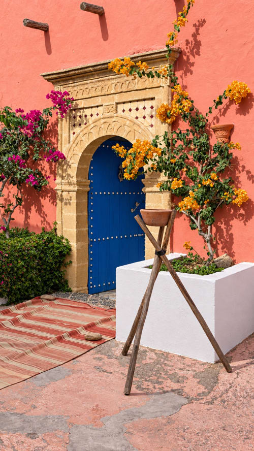 Entrée pittoresque du riad Eucalyptus à El Ghazouane : porte bleue, murs roses et plantes fleuries