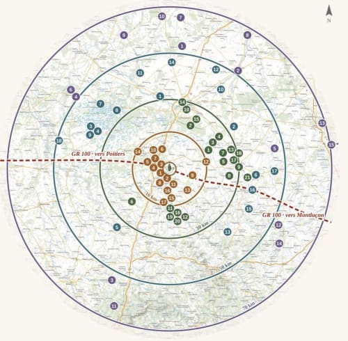 Concentric distance map centered on Aux Prés Du Berry, Chavin, France, showing numbered locations within 70km radius