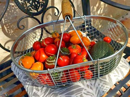 Fresh produce basket with tomatoes and peppers at Aux Prés Du Berry B&B, Chavin, France