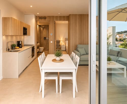 Apartamento moderno en Baiona con mesa de comedor blanca, cocina de madera, sala con sofá gris y terraza con vista a la ciudad