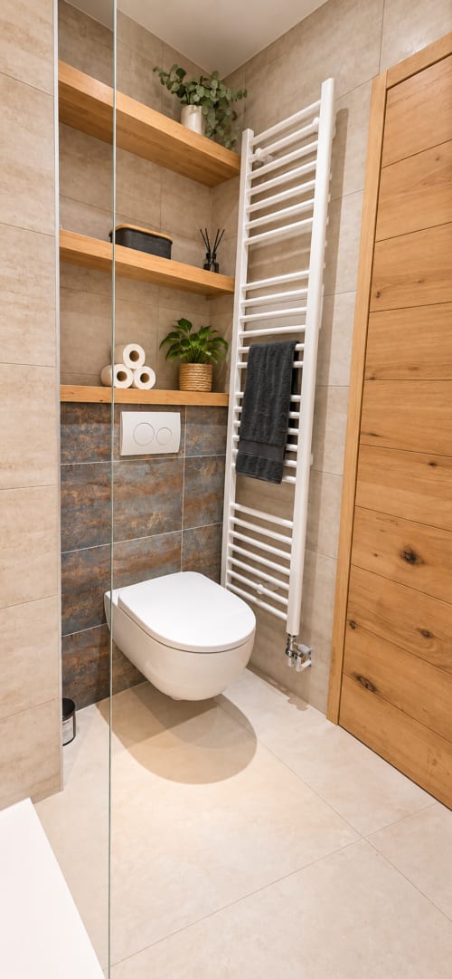 Salle de bain moderne du studio Le Nid du 9, Aix-les-Bains, avec toilettes murales, porte-serviettes blanc et touches de bois