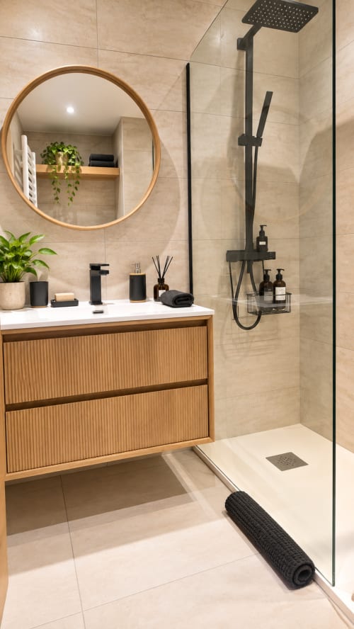 Salle de bain moderne au Le 9 Victor Hugo avec vanité en bois, miroir rond, douche pluie et sèche-serviettes chauffant