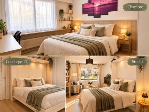 Trois types de chambres au Le 9 Victor Hugo à Aix-les-Bains : Chambre, Couchage T2 et Studio avec mobilier bois et vue ville