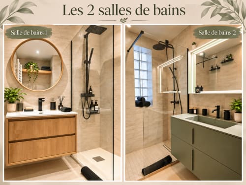 Deux suites de salle de bains modernes au Le 9 Victor Hugo à Aix-les-Bains : vasque vert sauge et miroir rond sur meuble en bois naturel