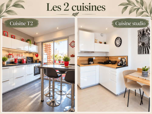 Deux cuisines modernes au 9 Victor Hugo : T2 avec accents rouges et coin bar, studio au design minimaliste avec coin repas