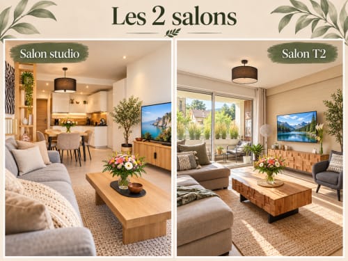 Le 9 Victor Hugo Aix-les-Bains : Deux salons d'appartements modernes avec mobilier en bois clair, sièges confortables et vues panoramiques.