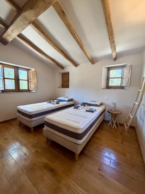 Chambre lumineuse avec deux lits simples, poutres en bois et fenêtres à la villa Les Villas d'A Storia à Porto-Vecchio