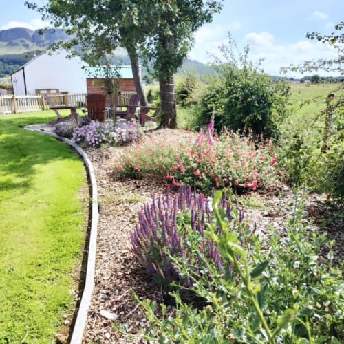 Cottage garden with purple lavender and pink flowers, green lawn, mountain views at Ballymultimber Cottages, Limavady