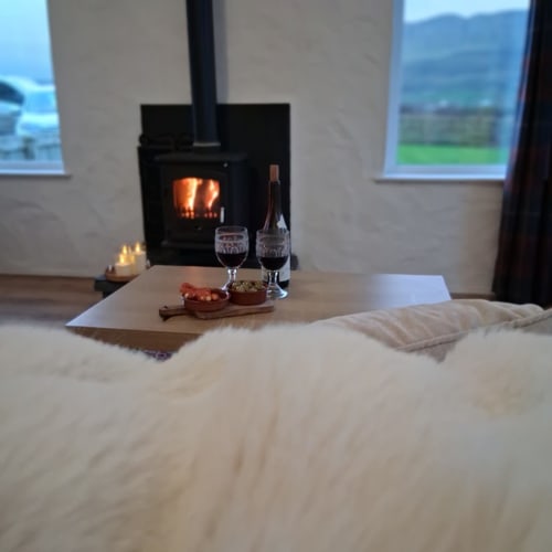 Cozy bedroom fireplace setup at Ballymultimber Cottages with wine, snacks, and mountain views through windows