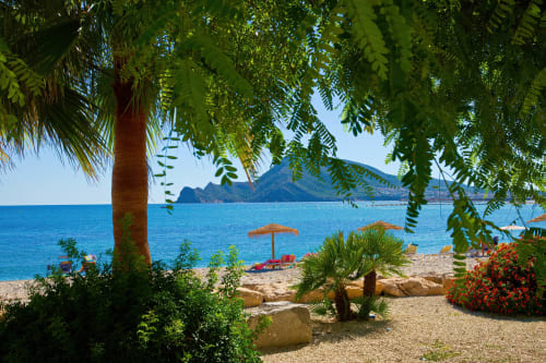 Vista de playa desde el Hostal Fornet Altea con palmeras, mar Mediterráneo azul y montañas en Altea, España