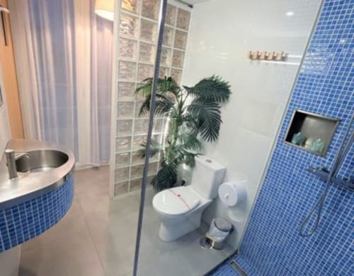 Baño moderno del Hostal Fornet Altea con azulejos de mosaico azul, lavabo curvo, inodoro blanco, ducha y planta verde