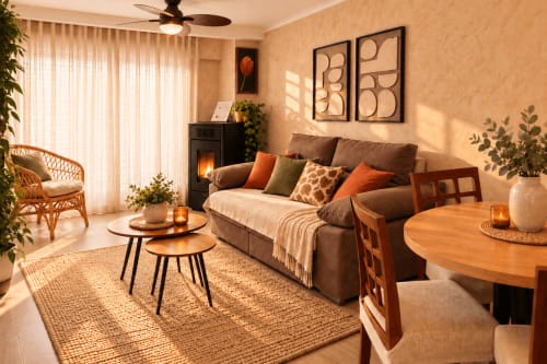 Warm, sun-lit living room at Las Casitas de Noe cottage with brown sofa, orange accents, fireplace, and garden views in San