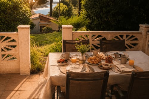 Las Casitas de Noe outdoor dining table set for breakfast with pastries and fruit, Layos