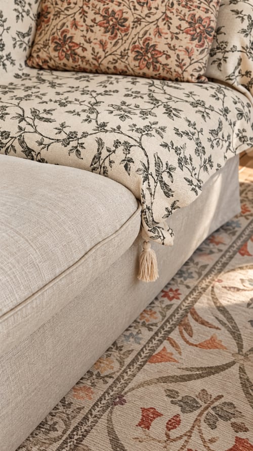 Canapé à motifs floraux avec coussins décorés et franges à La Maison 1903, gîte à Trévou-Tréguignec
