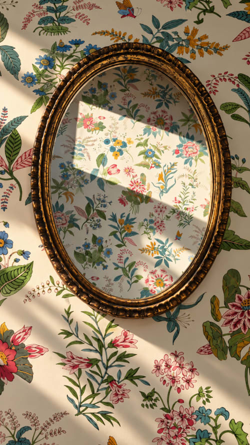 Miroir ovale doré ornementé sur papier peint fleuri à La Maison 1903 B&B à Trévou-Tréguignec
