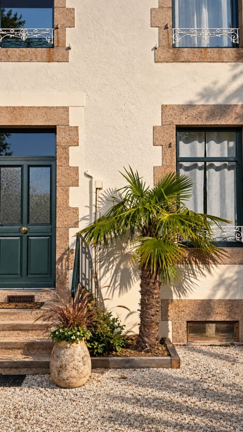 Façade historique en pierre de La Maison 1903 B&B à Trévou-Tréguignec avec palmier, porte vert foncé et murs chaulés