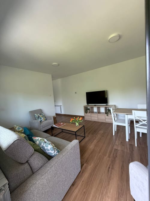 Habitación Castiñeiros de Bikarte en Sober con sofá gris, TV, mesa de madera, comedor y comodidades modernas