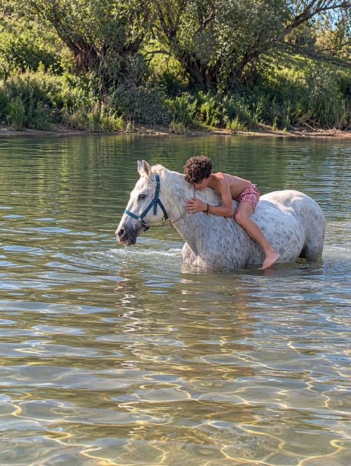 Persona cabalgando en caballo blanco en río cerca de El descanso del peregrino, Guadalupe Cáceres, España