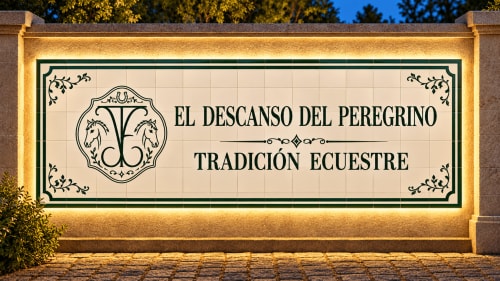 Letrero de El descanso del peregrino con emblema ecuestre, posada de tradición ecuestre en Guadalupe, Cáceres