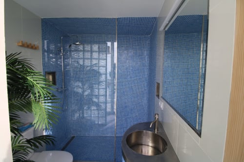 Baño moderno en Hostal Fornet Altea con ducha de azulejos de mosaico azul, lavabo de acero inoxidable y decoración con plantas tropicales