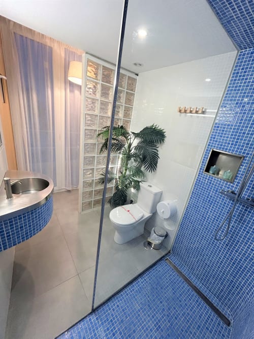 Baño moderno en Hostal Fornet Altea con azulejos de mosaico azul, ducha abierta y planta decorativa