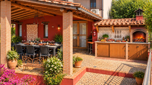 Patio rústico español con arquitectura colonial de ladrillo rojo, área de comedor, cocina al aire libre con chimenea en El descanso del