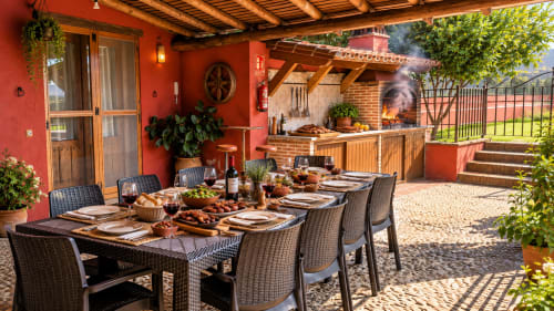Rústica zona de comedor al aire libre en villa El Descanso del Peregrino, Guadalupe, con chimenea de ladrillo, sillas de mimbre y vistas a la montaña