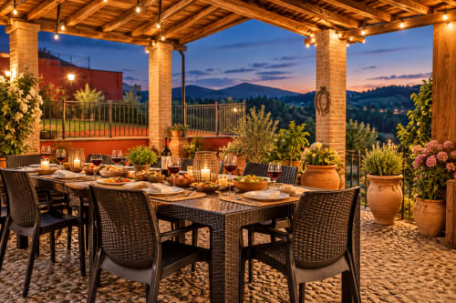 Comedor en terraza al atardecer en El Descanso del Peregrino en Guadalupe, Cáceres, con vistas a la montaña y ambiente rústico