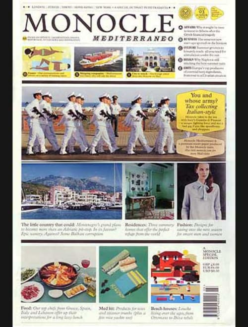 Monocle magazine spread showcasing Mediterranean travel, culture, and lifestyle features for Spanish hospitality.