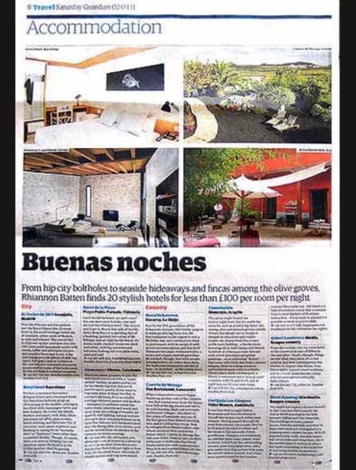 Travel article showcasing Spanish accommodation options including Alemanys 5 B&B with bedroom and outdoor garden views