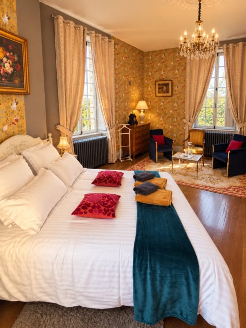 Élégante chambre double au Château de Montbrault avec papier peint floral, lustre et vue sur les jardins par de grandes fenêtres