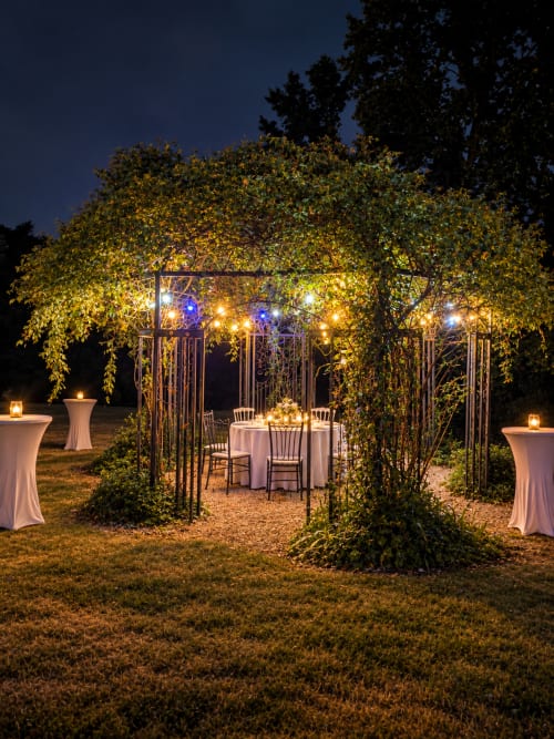 Ambiance de salle à manger enchantée en plein air sous une pergola illuminée avec du lierre au Château de Montbrault, Fleurigné
