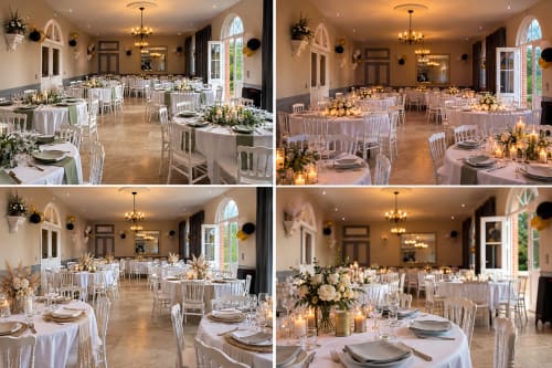 Réception de mariage élégante au Château de Montbrault, Fleurigné avec tables rondes, nappes blanches, lustres et bougies
