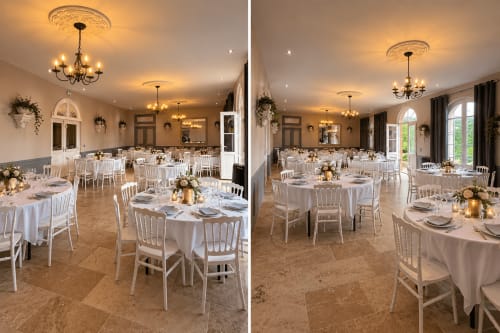 Salle de banquet élégante au Château de Montbrault avec tables rondes, linge blanc et lustres en cristal