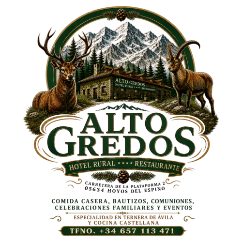 Logotipo del Hotel Rural Alto Gredos con paisaje montañoso, fauna silvestre y edificio rústico en Hoyos del Espino