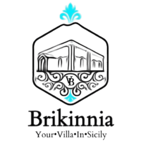Logo di Villa Brikinnia con una corona floreale azzurra sopra un'illustrazione di una villa siciliana ornata, Lentini