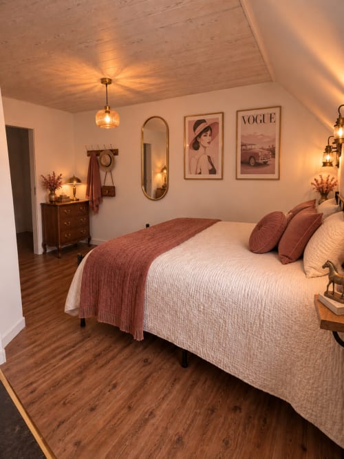 Chambre rétro-chic à L'Echappée Baie : literie crème, mobilier en bois, affiches Vogue vintage et luminosité chaleureuse
