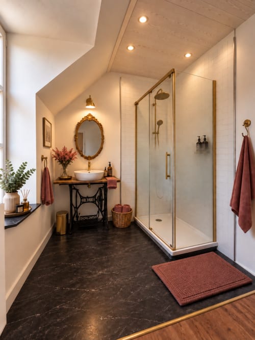 Salle de bain rétro-chic à L'Echappée Baie avec accessoires en laiton, miroir ovale, douche à l'italienne et accents bourgogne