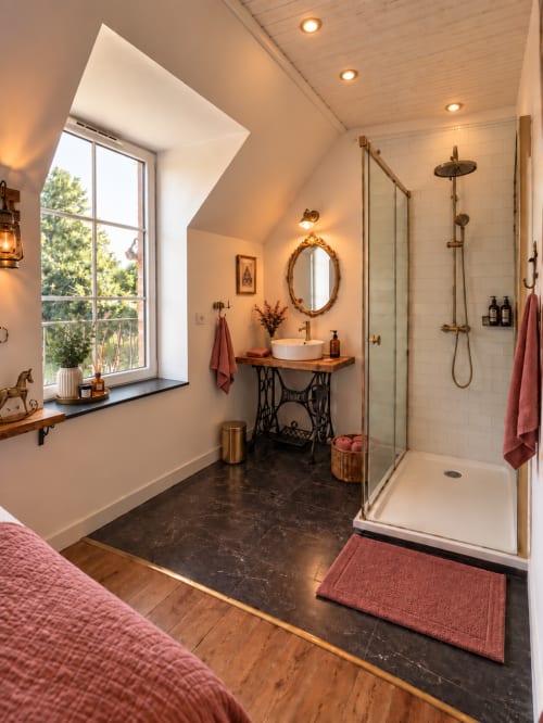 Salle de bain rétro-chic à L'Echappée Baie avec douche à l'italienne, vasque vintage et vue sur le jardin