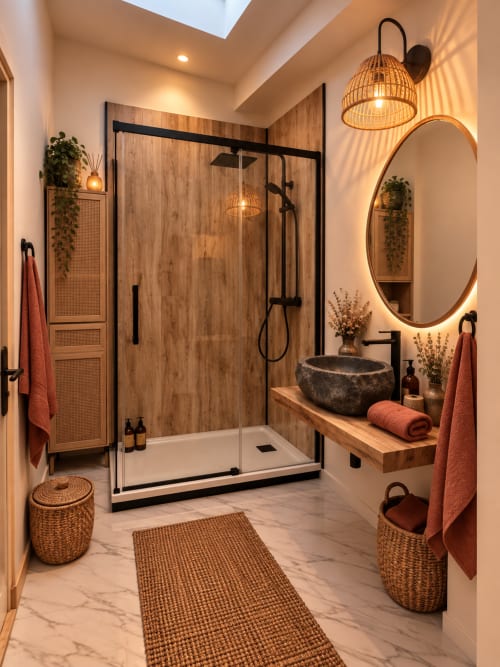 Salle de bain moderne à la chambre Bohème de L'Echappée Baie B&B, Roz-sur-Couesnon, douche en bois, miroir rond, pierre