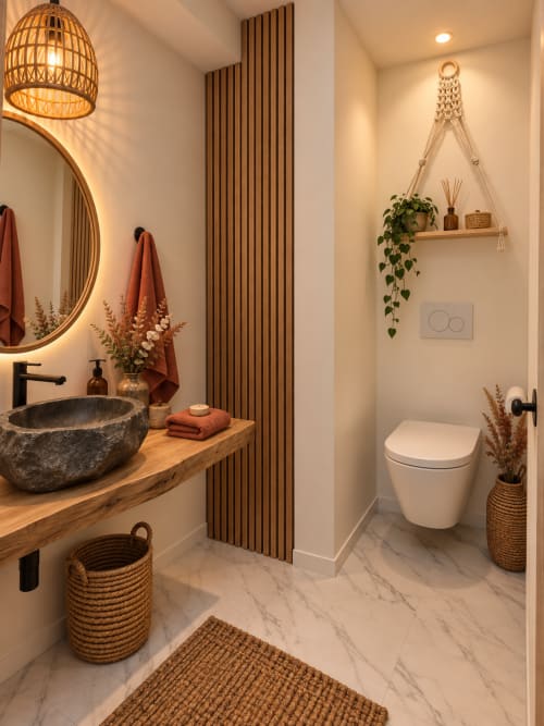 Salle de bain Bohemia à L'Échappée Baie avec lavabo en pierre, miroir illuminé, étagère en macramé et toilettes blanches modernes
