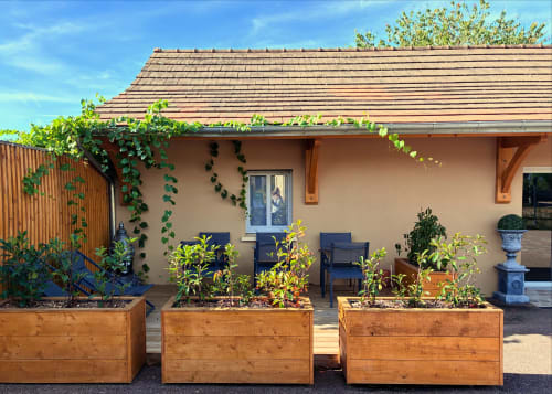 Patio du Clos d'Émilie avec jardinières en bois, lierre grimpant et mobilier bleu en France