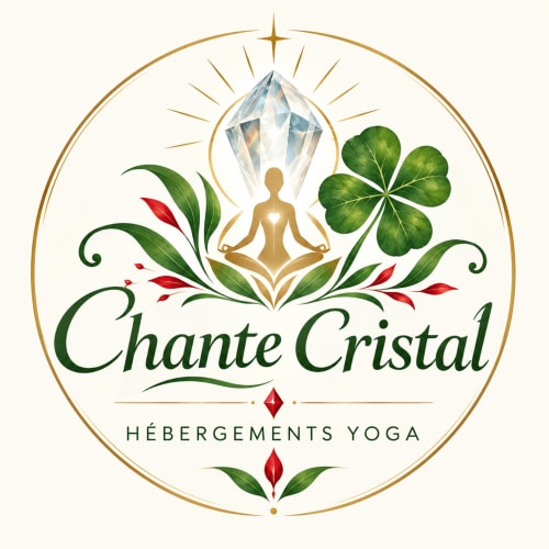 Logo d'hébergement yoga Chante Cristal avec figure méditative, cristal, trèfle et éléments botaniques à Target, France