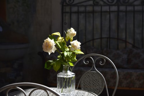 Un raffinato dettaglio del tavolo in ferro battuto con vaso di rose bianche sul terrazzo coperto della Suite Drago al Roseto del Drago a Ponte in Valtellina (Sondrio), perfetto per momenti di relax in un'atmosfera romantica.
