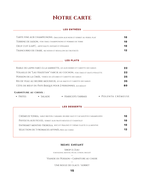 Notre carte du menu de l'Hôtel & Restaurant Des Basses Pyrénées à Bayonne proposant une cuisine française avec entrées, plats et desserts