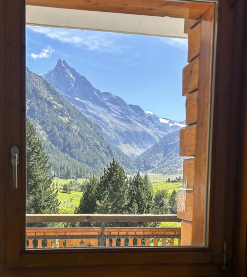 Porte en bois ouverte révélant la vue alpine depuis l'Hôtel les Bouquetins à Zinal, Suisse, avec forêt et vallée en contrebas