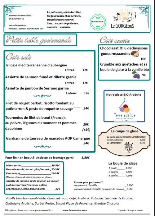 Menu du restaurant Le Gorgeouś à Aiguèze proposant une cuisine française : entrées, plats et desserts